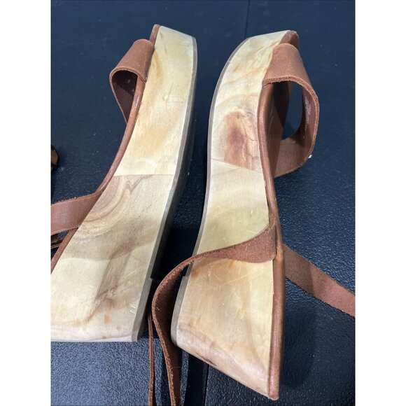 Nisolo Wedge Sandals Womens 9 Tan Leather Sarita Platform Wood Grain Boho Beachy - Picture 5 of 7